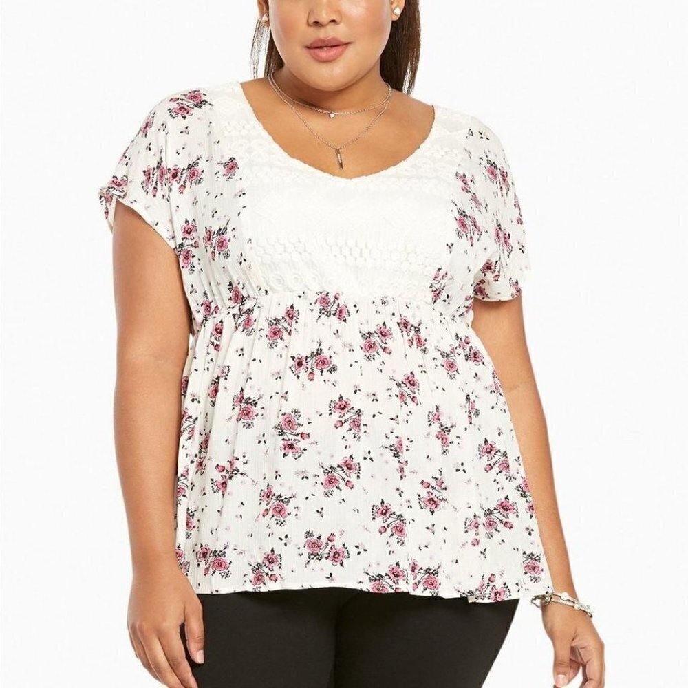 Torrid White Floral Print Gauze Lace Inset Top Boho Cottagecore Prairie Spring